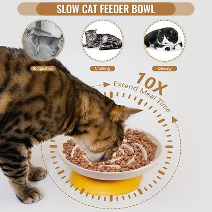 Slow Feeder Cat Bowl Set of 2, Ceramic Slow Feeding Cats Bowl Whisker Friendly, Anti Vomiting Cat Feeder for Dry and Wet Food，Fun Maze Interactive Bloat Stop Puzzle Bowls for Healthy Eating Diet