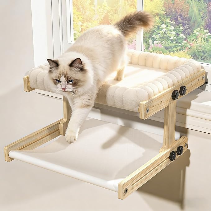 Cat Perch for Window XiaZ Cats Hammock Indoor Cat Bed for Window Adjustable Wooden Frame W/Soft Warm Plush-Lined Cushion Perfect for Bird Watching Sunbathing Space-Saving Easy Install Double Layer
