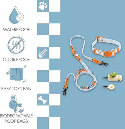 WLK1004D-5SET Luna Small 8FT Adjustable 6-in-1 Waterproof Hands-Free Leash and Collar with LED Flashlight, Bag Dispenser, and Poop Bag Holder, Fishbowl