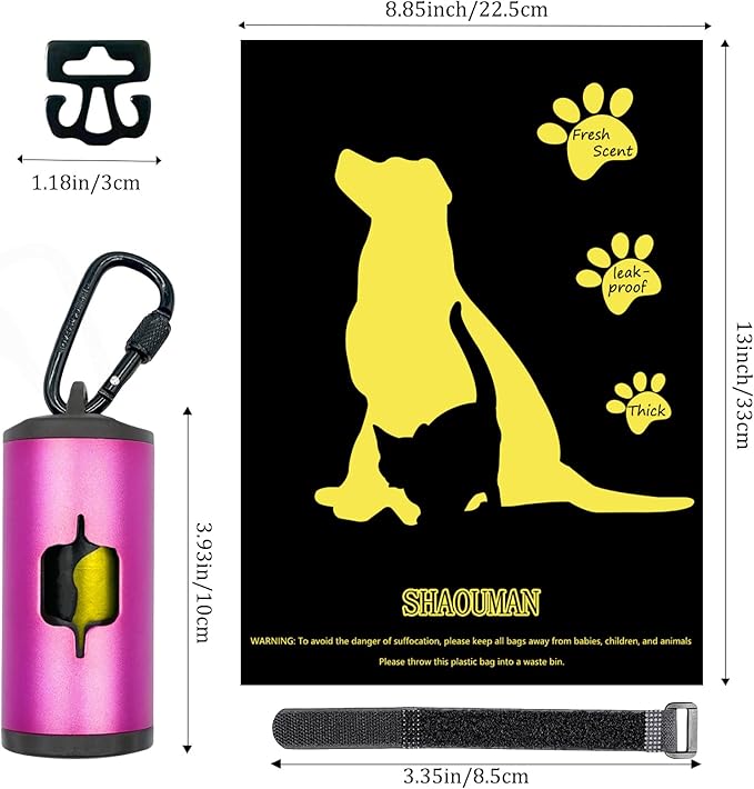 Metal Dog Poop Bag Holder w/Leash Clip|Durable Scratch-Resistant Aluminum|15 Bags+3 Accessories(Pink)