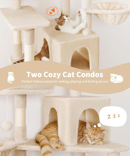 AMHANCIBLE Cat Tree, 70 Inch Cat Tower for Indoor Cats, Multi-Level Cat Tree with Scratching Post, Hammock, Hanging Basket, Large Cat Condos for Adult Cats Kittens, Beige, PT18BG