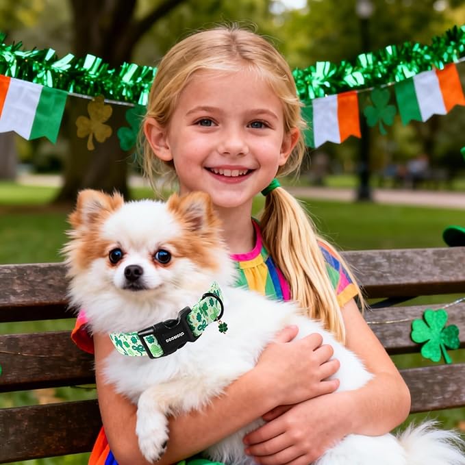 DOGWONG St Patrick's Day Dog Collar-Cute Green Clovers Dog Collar, Adjustable Cotton Shamrock Pet Collar Trefoil Puppy Collars with Quick Release Buckle,XL