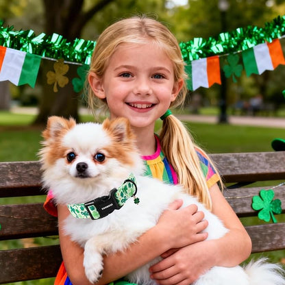 DOGWONG St Patrick's Day Dog Collar-Cute Green Clovers Dog Collar, Adjustable Cotton Shamrock Pet Collar Trefoil Puppy Collars with Quick Release Buckle,XL