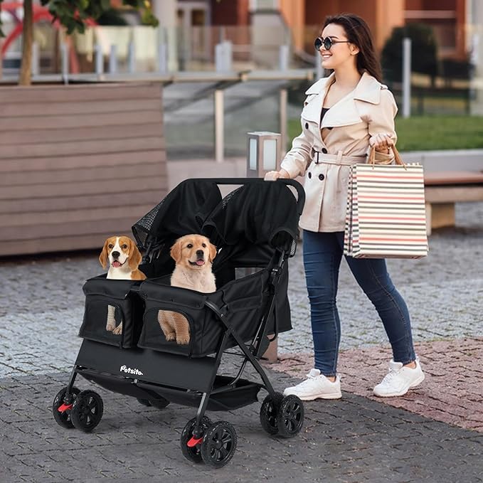 PETSITE Double Pet Stroller, Foldable Double Dog Stroller with 2-Seater Carrier, Adjustable Sunshade, Removable Pad, Safety Belt, Storage Basket, 4-Wheel Pet Travel Cart for 2 Puppies & Cats (Black)