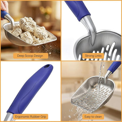 Cat Litter Scoop, Metal Scooper for Cat Box, Aluminum Alloy Sifter, Deep Shovel Poop Cleaner, Long Handle Ergonomic Grip, Rustproof Waterproof Construction, Design for Litter Box Cleaning