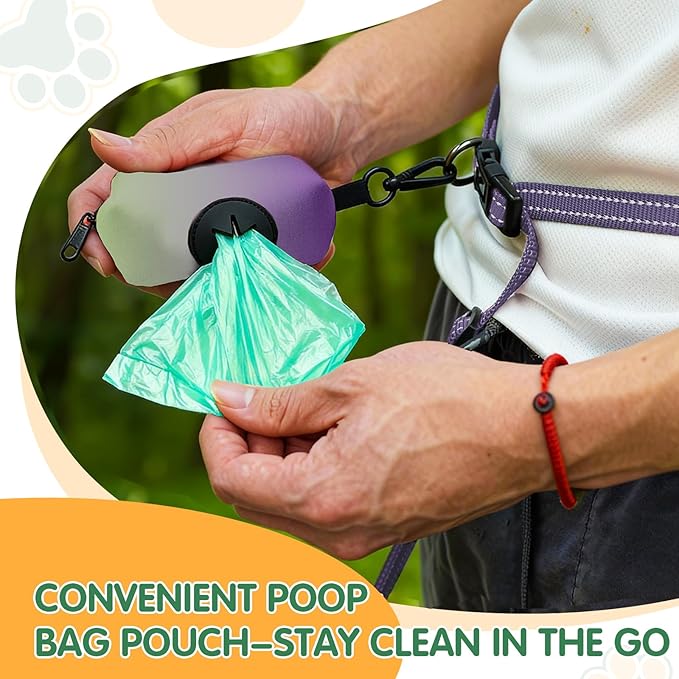 Kazazoo Hands-Free Dog Leash with Poop Bag Holder, Adjustable 4-7 Ft Waist for Dog Walking, Running for Small & Medium Dogs with Reflective Strips, Nylon Waist Belt, Deep Purple