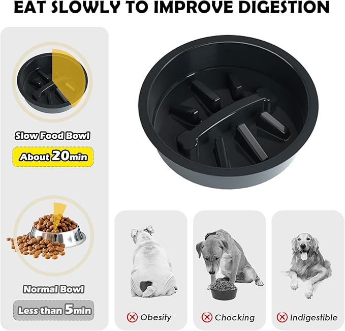 SHAINFUN Elevated Dog Bowls with Slow Feeder & Mat for Medium and Large Dogs, 12" Tall Adjustable Wooden & Metal Raised Dog Bowl Stand, 2 Stainless Steel 58oz Bowls for Food & Water