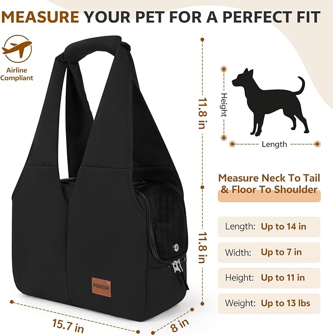 Dog Purse Carrier for Small Dogs and Cats, Soft-Sided Pet Tote Bag with 6 Large Pockets, Collapsible Travel Puppy Carrier, Fits Pets up to 13 lbs (Black, 15.7" L x 8" W x 11.8" H)
