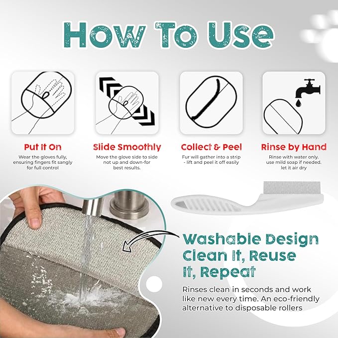 Pet Hair Removal Glove Kit – Electrostatic Pet Hair Remover Glove for Dog & Cat, Upgraded Reusable Magic Brush Pet Hair, Quick Wiping & Washable 2PCS pet Hair Remover Glove with Comb & 2 Hooks