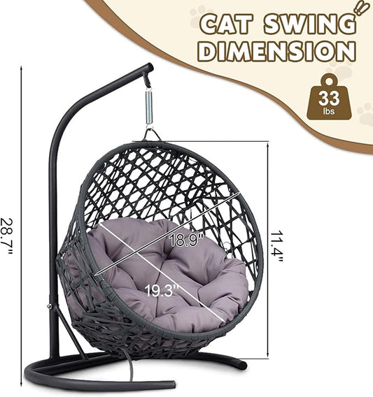 Anwick Cat Swing Bed with Stand & Cushion Indoor Outdoor, Egg Chair with Rattan Wicker Appearance, Indoor Hanging Swinging Hammocks for Cat, Dogs, and Small Animals Bedroom Porch (Gray-2)