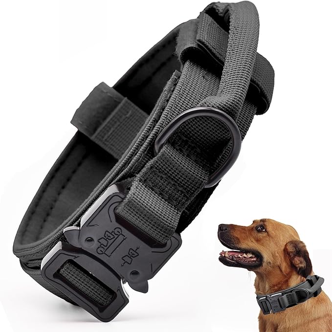 Tactical Dog Collar, Adjustable Military Training Nylon Dog Collar with Control Handle and Heavy Quick-Release Metal Buckle for Small Medium Large Dogs, Black XXL