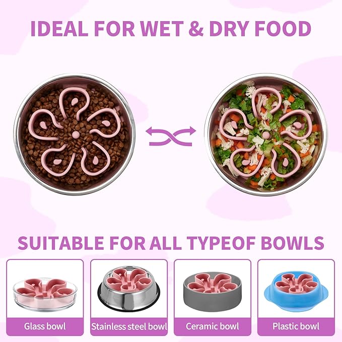 Slow Feeder Dog Bowls Insert, Bestalk Soft Silicone Slow Eating Dog Bowl Insert with Suction Cups for Small, Medium and Large Dogs(Pink M)