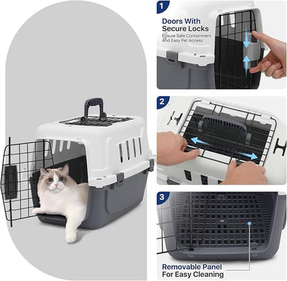18 Inch Hard-Sided Plastic Dog Carrier 2 Door Travel Crate for Small Dogs Cats up to 10 lbs, Durable Handle, Security Lock Design, Gray