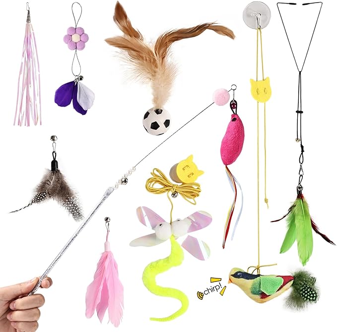4-in-1 Interactive Cat Toy Wand, Bird Chirping Sound Cat Teaser with Bouncy Ball and Feather Attachments, 2 Play Modes for Bored Indoor Adult Cats Self Play Exercise