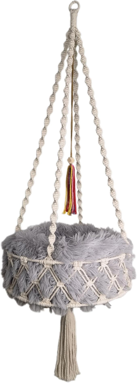 Macrame Cat Hammock, 47.24 * 15.74INCH, Cat Swing with Plush Bed for Sleeping, Playing, Climbing, and Lounging
