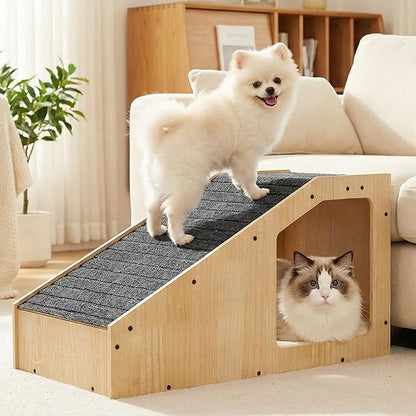 Veehoo Small Dog Ramp for Bed Couch, Wooden Ramps for Dogs to Get on Bed Couch with Cat Cave Condo Non Slip Surface and Bottom Pad, 16" Wide Doggy Stairs Puppy Steps Small Pet Ramp Ladder for Indoor