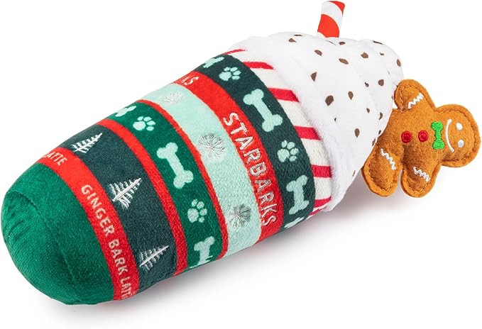 Haute Diggity Dog Starbarks Ginger Bark Latte, Plush Holiday Christmas Dog Toys with Interactive Squeaker, Stimulating Pet Enrichment, Machine-Washable & Safe Materials for All Breeds, One Size