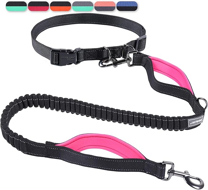 VIVAGLORY Hands Free Dog Leash Bungeeone Running Dog Leash with Waist Belt for Running Walking & Jogging, Bungee & Around Waist for Pet, M, Black/Pink