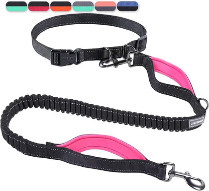 VIVAGLORY Hands Free Dog Leash Bungeeone Running Dog Leash with Waist Belt for Running Walking & Jogging, Bungee & Around Waist for Pet, M, Black/Pink