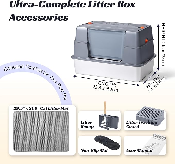 Stainless Steel Enclosed Litter Box with Lid, XL Extra Large Side Entry Metal Litter Box for Big Cats, Removable Cat Litter Box with High-Sided Enclosure, Scoop, Filter Footboard & Mat, Grey