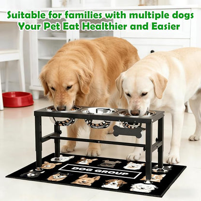 SHAINFUN Metal Elevated Dog Bowls Stand for Large Dogs with Mat & Three 58oz Food Water Bowls, Adjustable Height Raised Dog Bowl Stand