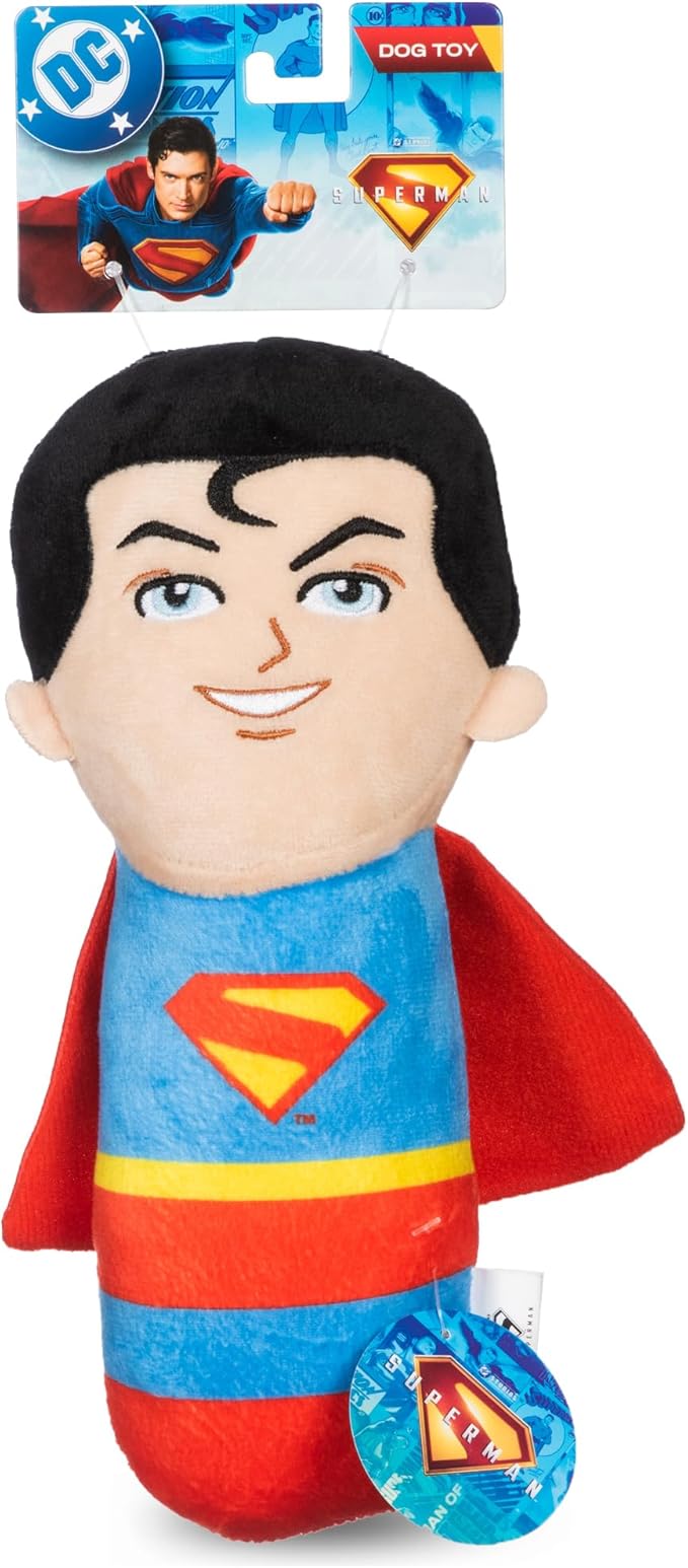 DC Comics Superman 8” Plush S-Shield Toy for Dogs with Squeaker, Inspired by The Film, Officially Licensed DC Super Heroes Pet Product