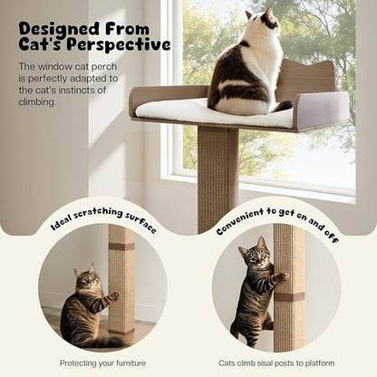Cat Window Perch with Thick Sisal Scratching Post, Cats Hammock for Window with 3 Upgrade Suction Cups, 55" Adjustable Tall Cat Scratching Post with Large Perch, Cats Window Bed with Fluffy Cushion