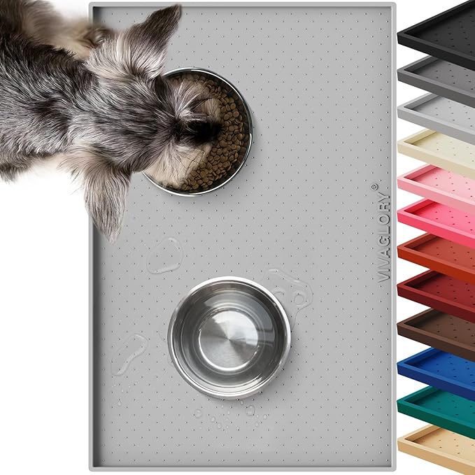 VIVAGLORY Dog Bowl Mat Grippymat Pet Food Mat, Waterproof Washable Nonslip Silicone for Pet & Cat, Food and Water Placemat with Lip & Raised Edges for Indoor Floor, S, Light Grey