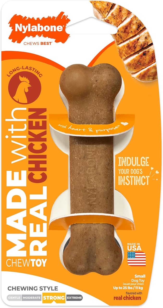 Nylabone Strong Chew Original Bone Dog Toy Made with Real Chicken, Durable Chew Toys for Aggressive Chewers, Long Lasting Dog Bone, Keeps Dogs Busy, Small Breeds - Up to 25 lbs