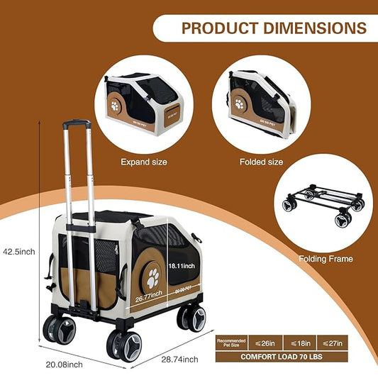 3-1 Dog Stroller for Medium Dogs,Collapsible Soft Dog Travel Crate with Metal Frame for Car Travel,Pet Stroller with Removable Carrier for Pets Up to70LBS(Brown)
