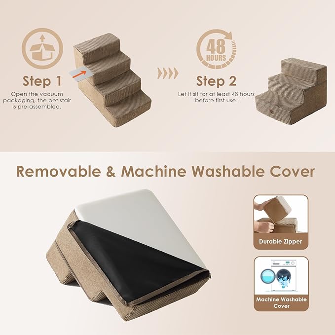 EHEYCIGA Dog Stairs for Small Dogs 13.5" H, 3-Step Dog Steps for Couch Sofa and Chair, Pet Steps for Medium Cats, Non-Slip Balanced Pet Ramp Indoor, Camel