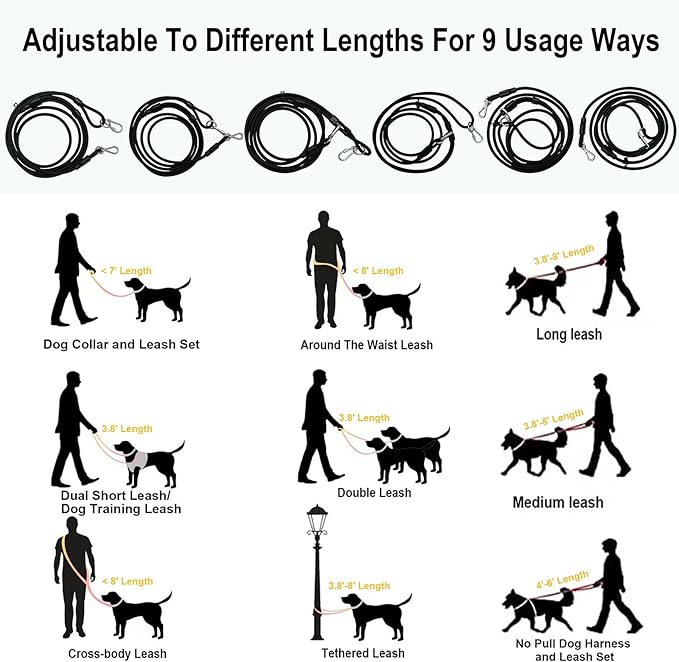 Hands Free Dog Leash Crossbody & Waist for Walking, 9-in-1 No Pull Dog Harness & Leash Set, Heavy Duty Waterproof Slip Lead for Large Medium Breeds (20-120lbs, Black)