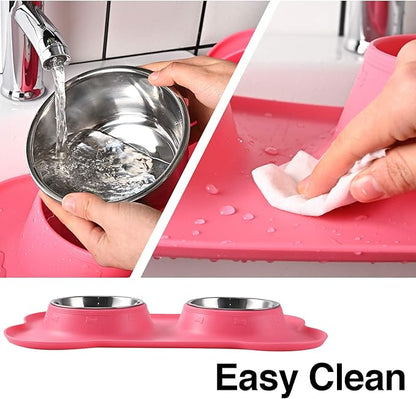 Dog Bowls 2 Stainless Steel Bowl for Pet Water and Food Feeder with Non Spill Skid Resistant Silicone Mat for Pets Puppy Small Medium Cats Dogs