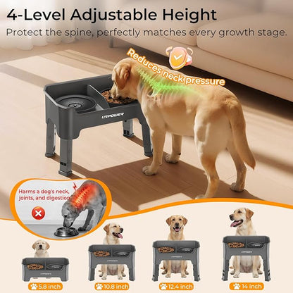 URPOWER Mess Proof Elevated Dog Bowls 4 Height Adjustable Raised Stand with No Spill Water Bowl and Slow Feeder Dog Bowls Non-Slip Food and Water Bowl Set for Small, Medium & Large Dogs