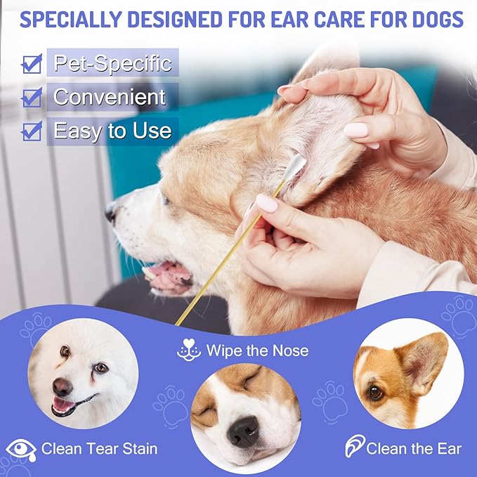 100PCS Professional Dog Ear Swabs in Storage Box, 6 Inch Long Cotton Swabs with Bamboo Handle for Dogs - Soft Cotton, Gentle and Lint-Free, Specially Designed Large Cotton Swabs for Dog Ear
