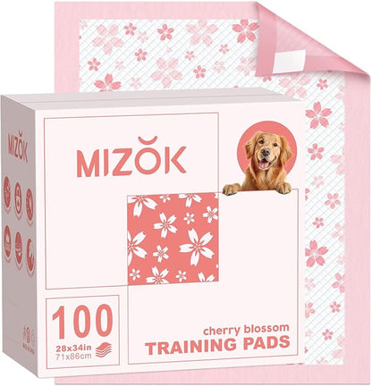 MIZOK 100 Counts Dog Pee Pads Extra Large 28"x34", Potty Pads for Big Dog Breeds, Super Absorbent & Leak-Proof, Pink Cherry Blossom Prints, 4-Corner Adhesive Tabs, Thick & Heavy, XL