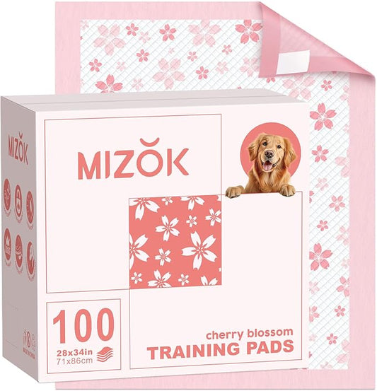 MIZOK 100 Counts Dog Pee Pads Extra Large 28"x34", Potty Pads for Big Dog Breeds, Super Absorbent & Leak-Proof, Pink Cherry Blossom Prints, 4-Corner Adhesive Tabs, Thick & Heavy, XL