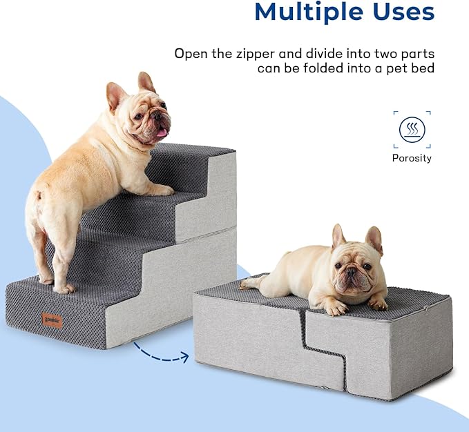 Dog Stairs for Small Dogs - Pet Stairs 2 in 1 with Zippers Suitable for Couch and Bed, 35D Foam Dog Steps with Non Slip Bottom Grey 4 Steps, Brown