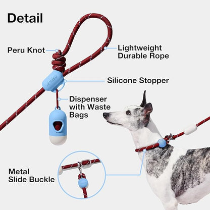 VETRESKA Hands-Free Dog Leash, 8FT Rope Leash for Medium Large Dogs, Waist/Crossbody Slip Lead Leashes for Walking, No Pull Dog Leashes with Bag Dispenser, 2 in 1 Walk Kit (Mist&Merlot)