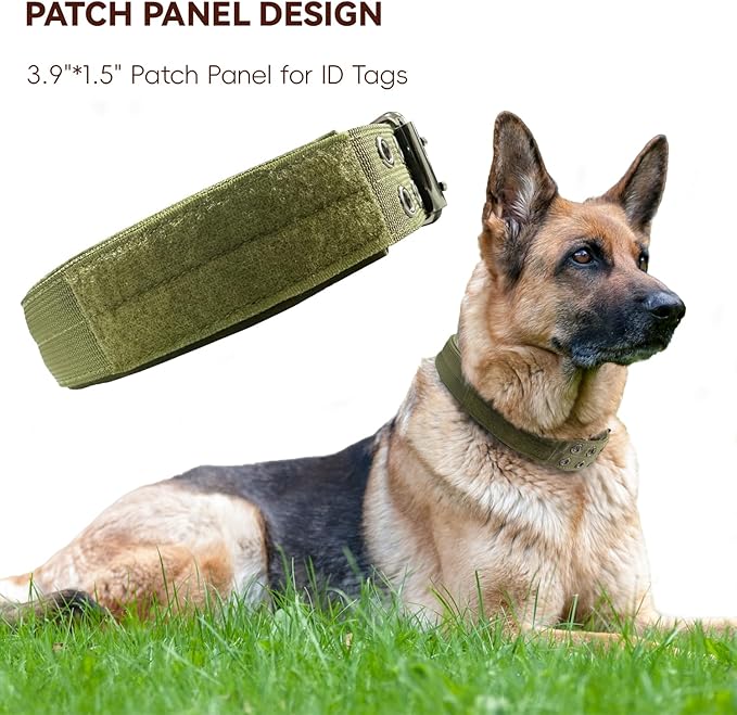 Heavy Duty Dog Collar for Large Dogs, Tactical Dog Collars with Metal Buckle & D Ring, 1.5" Width Thick Adjustable Nylon Collar for Medium Dogs, Army Green/L