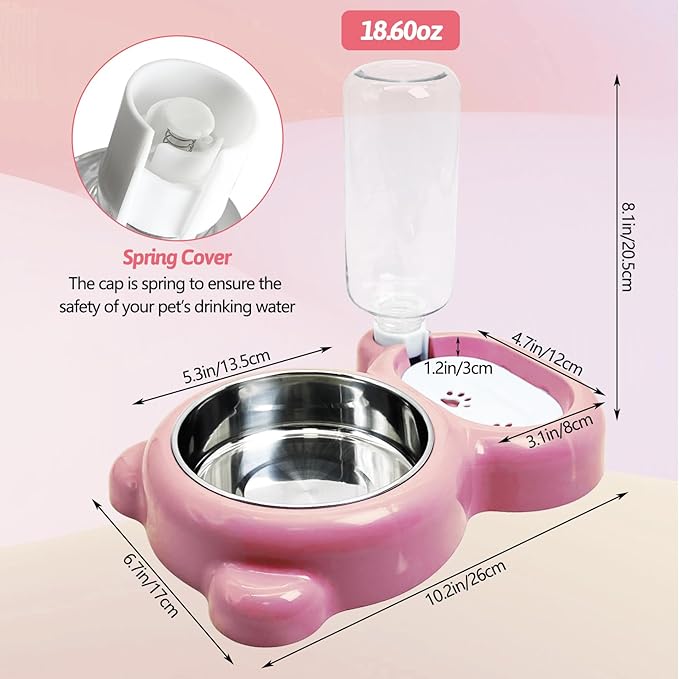 Rabbit Double Bowls Bunny Automatic Water Dispenser Detachable Stainless Steel Bowl No-Spill Water Bottle Food Feeder for Small Animals Bunny Squirrel Cat Puppy Chinchilla
