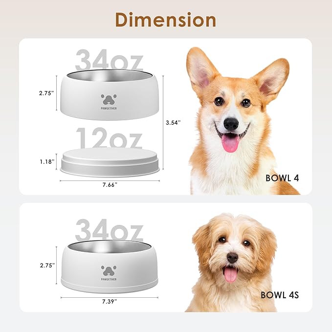 PAWGETHER® Stainless Steel Dog Bowls, Dog Food and Water Bowl Non-Slip Easy to Clean Dishwasher Safe for Puppy Small Medium Dogs Cats White 34oz
