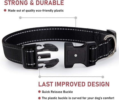 Reflective Dog Collar with Buckle Adjustable Safety Nylon Collars for Small Medium Large Dogs, Black XS