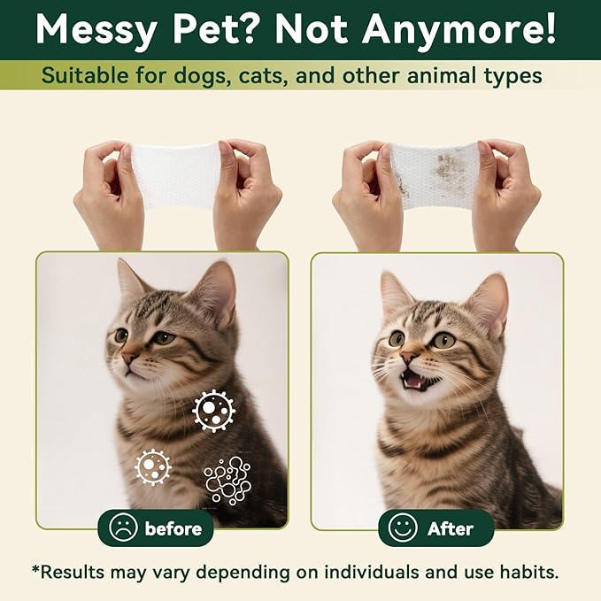 Pets Cleaning Wipes for Dogs & Cats, Unscented Hypoallergenic Grooming Wipes with Coconut Oil, No-Rinse Deodorizing & Hydrating for Paws, Body & Butt, Travel Pack 7.9"x5.9", 20ct