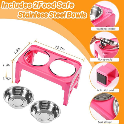 Hubulk Elevated Dog Bowls with 2 Stainless Steel Dog Food & Water Raised Bowls with No Spill Edge Non-Slip Stand Adjusts to 3 Heights(2.75", 6.0", 7.5") for Small Medium Dogs and Pet