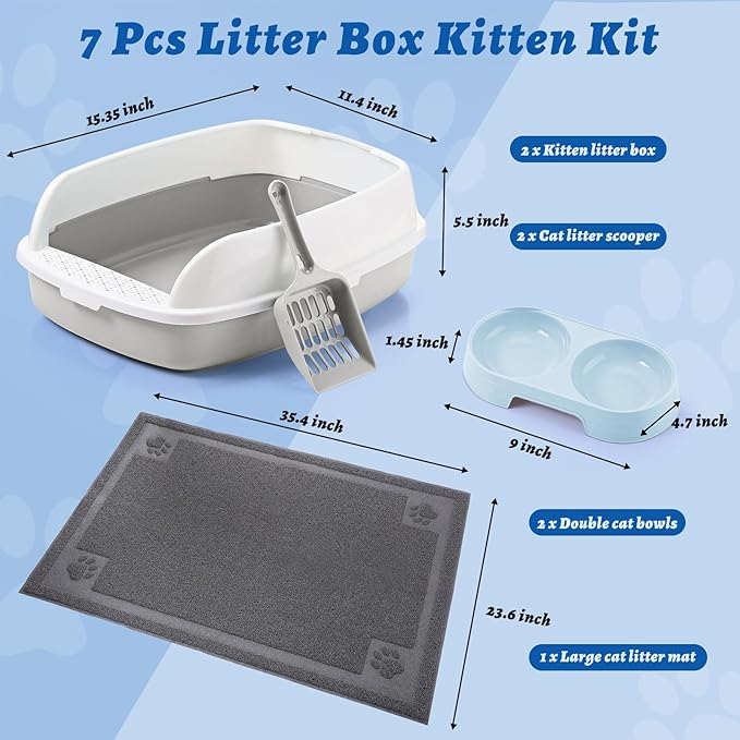 Sliner 7 Pcs Kitten Litter Box Starter Kit, 2 Plastic Small Kitty Litter Box Training Low Entry with Scoop, 2 Double Cat Bowl and Mat for Kitten Indoor(Gray)