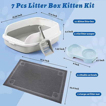 Sliner 7 Pcs Kitten Litter Box Starter Kit, 2 Plastic Small Kitty Litter Box Training Low Entry with Scoop, 2 Double Cat Bowl and Mat for Kitten Indoor(Gray)