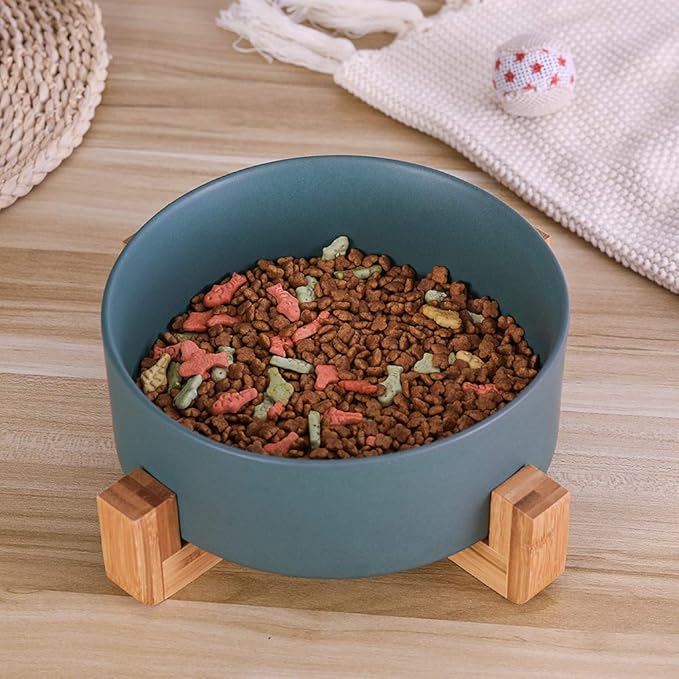 Green Ceramic Dog Bowls With Wood Stand, Water and Food Dish, Heavy Weighted No Tip Over Comfort Bowls, Stoneware Pet Bowl, Extra High Capacity 8.4" Diameter for Large Dogs