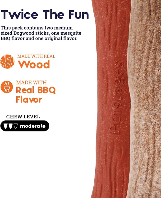 Pupstages Dogwood Mesquite Dog Chew Toy – Real-Wood Blend, Moderate Chewers, Medium, 7.5", 2-Pack (Natural & Mesquite Flavors)