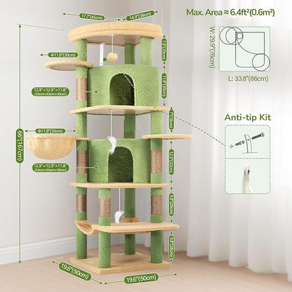 Globlazer Cactus Corner Cat Tree Tower for Large Cat, 66inch Tall Large Cat Tree Condo for Multiple Indoor Cats with 6 Scratching Posts, 2 Spacious Cat Condos, Soft Hammock, Hanging Basket, C66, Green